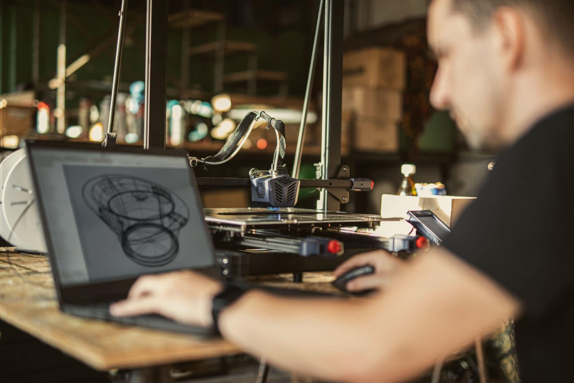Stefan refining the decarboxylator housing in CAD beside a 3D printer