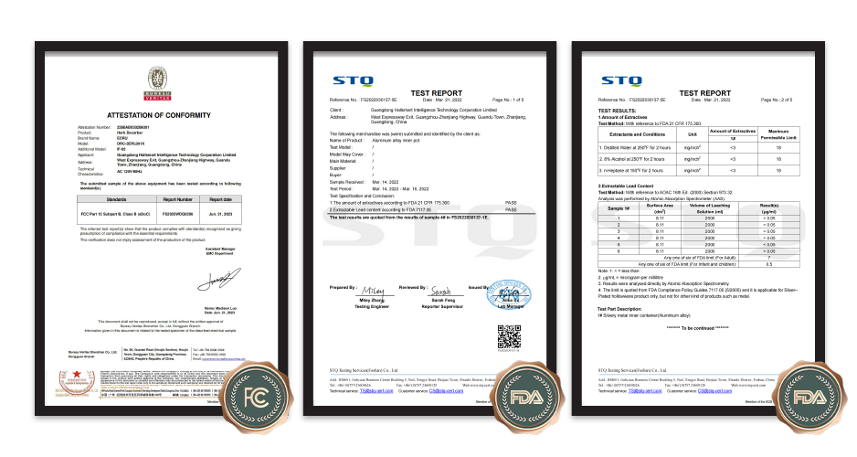 FCC attestation, STO test reports, and FDA seals for the ÉCRU decarboxylator