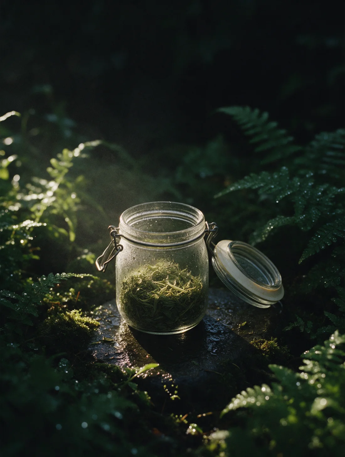 A swing-top glass jar of raw green herb on wet stone among ferns, in low morning light.