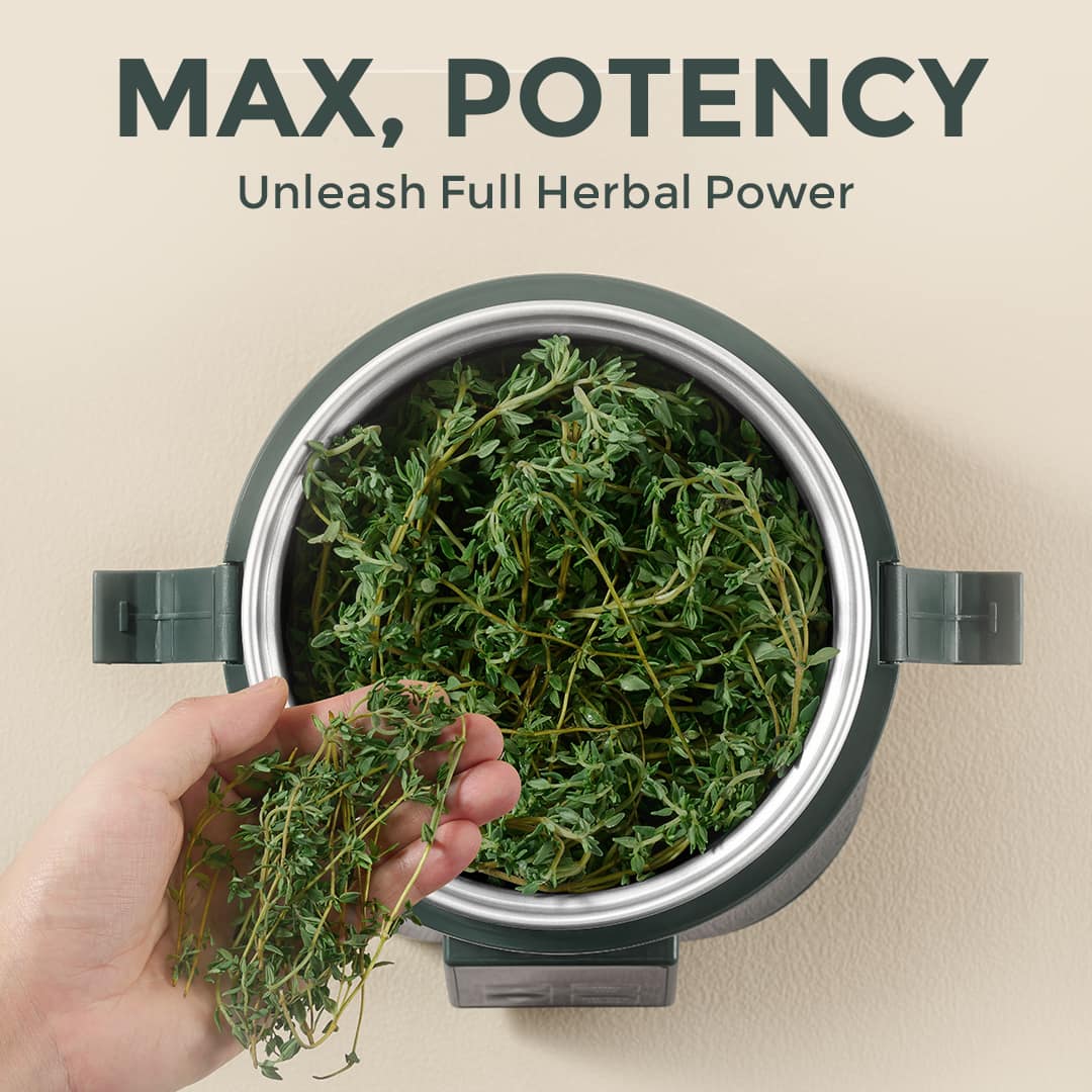 Overhead view of the 2oz canister packed with dried herb beside a handful