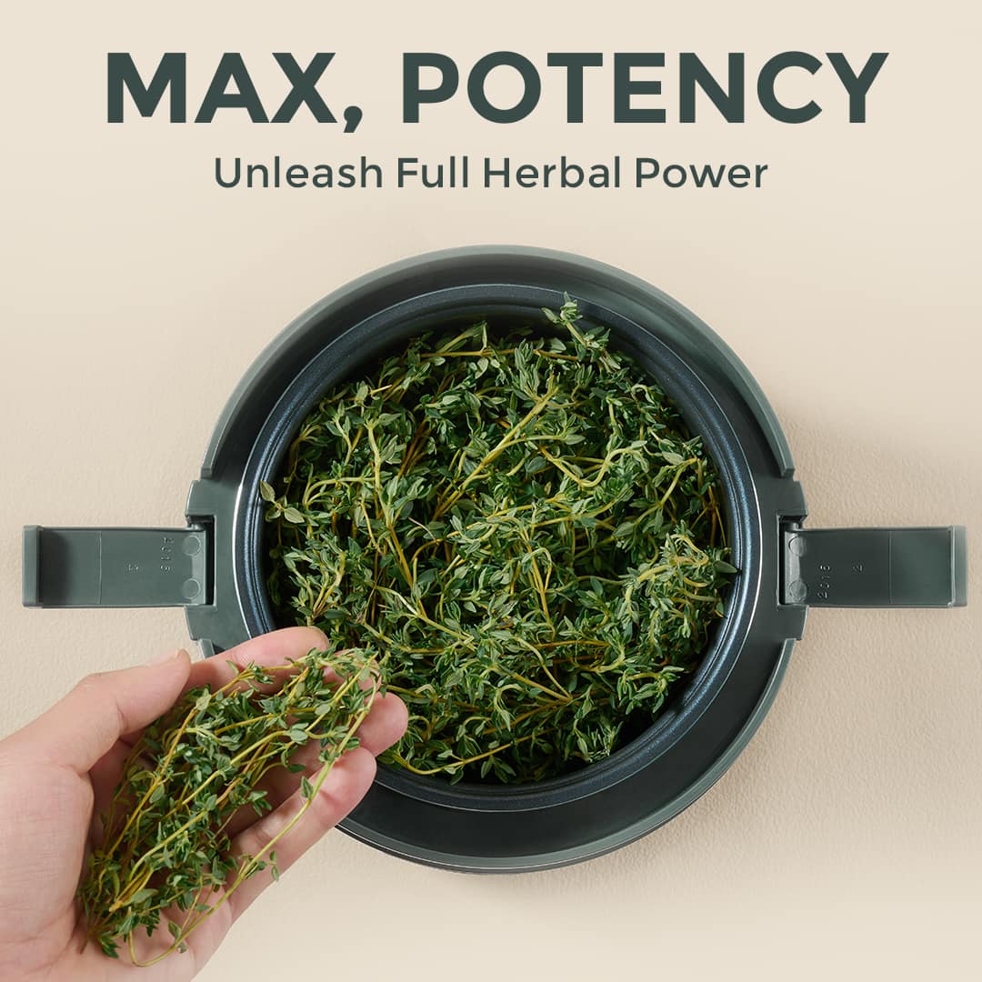 Overhead view of the 3oz canister packed with dried herb beside a handful