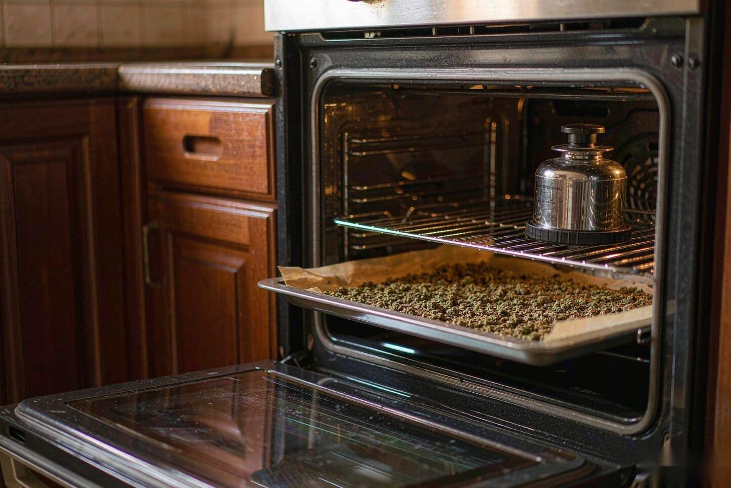 A parchment-lined oven tray with ground flower and an oven thermometer
