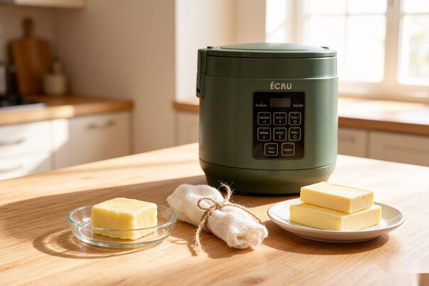 Set cannabutter in a glass dish beside a cheesecloth bundle, butter, and a countertop decarboxylator