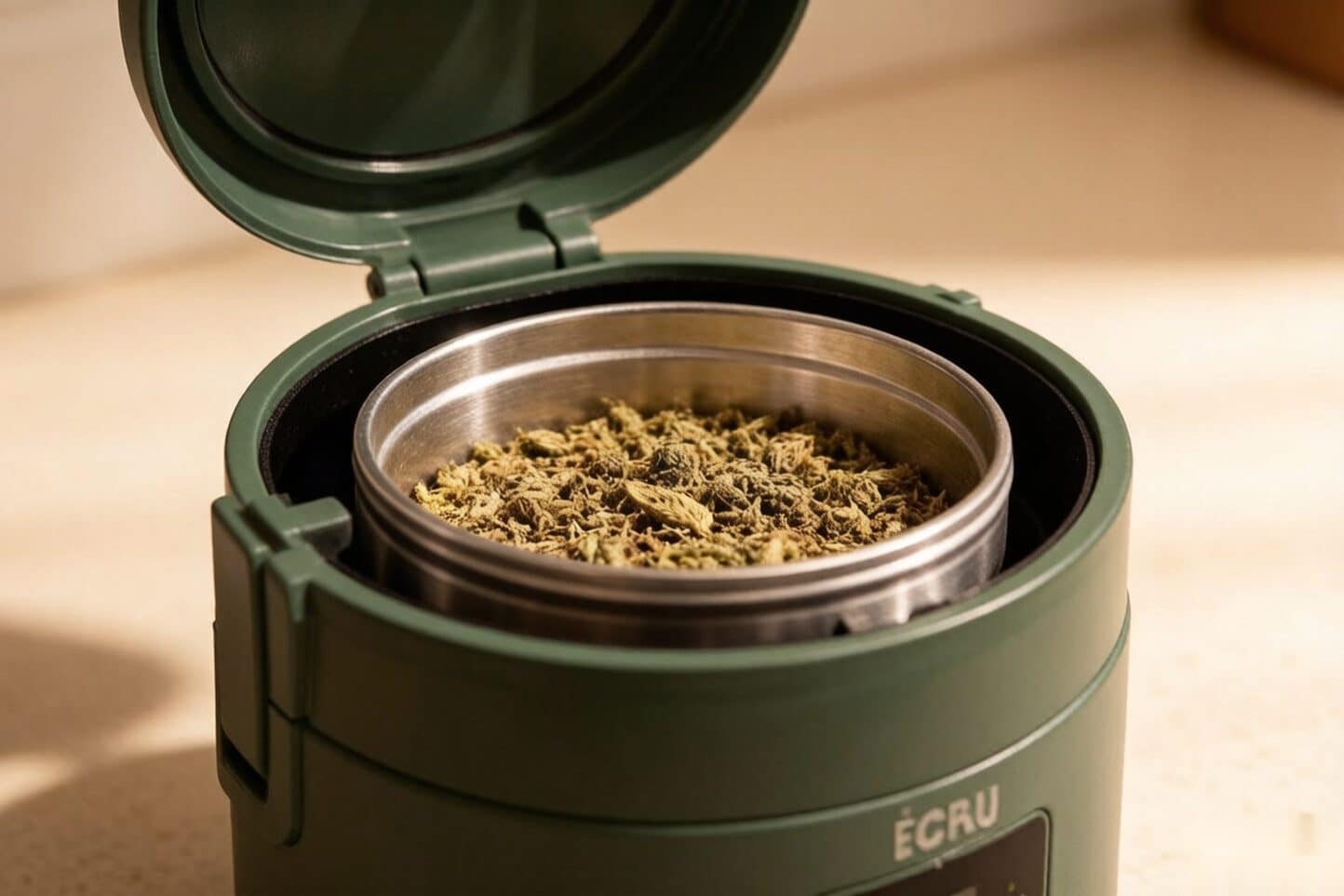 A countertop decarboxylator canister loaded with a thin layer of ground flower