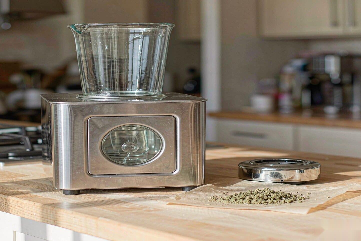 A countertop infusion appliance beside parchment of ground flower and an oven thermometer