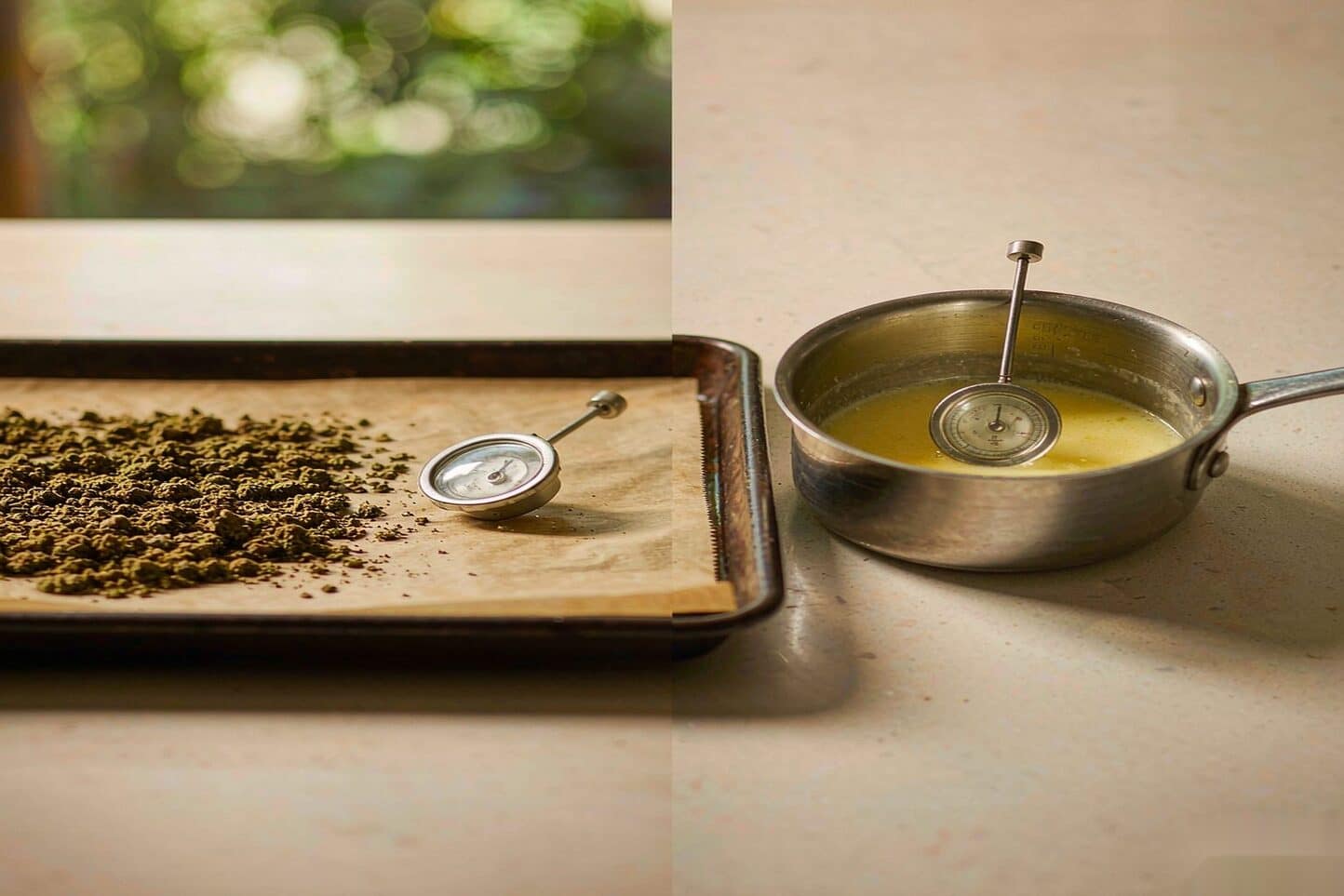 A hot oven tray for decarbing next to a cool pot of butter for infusing