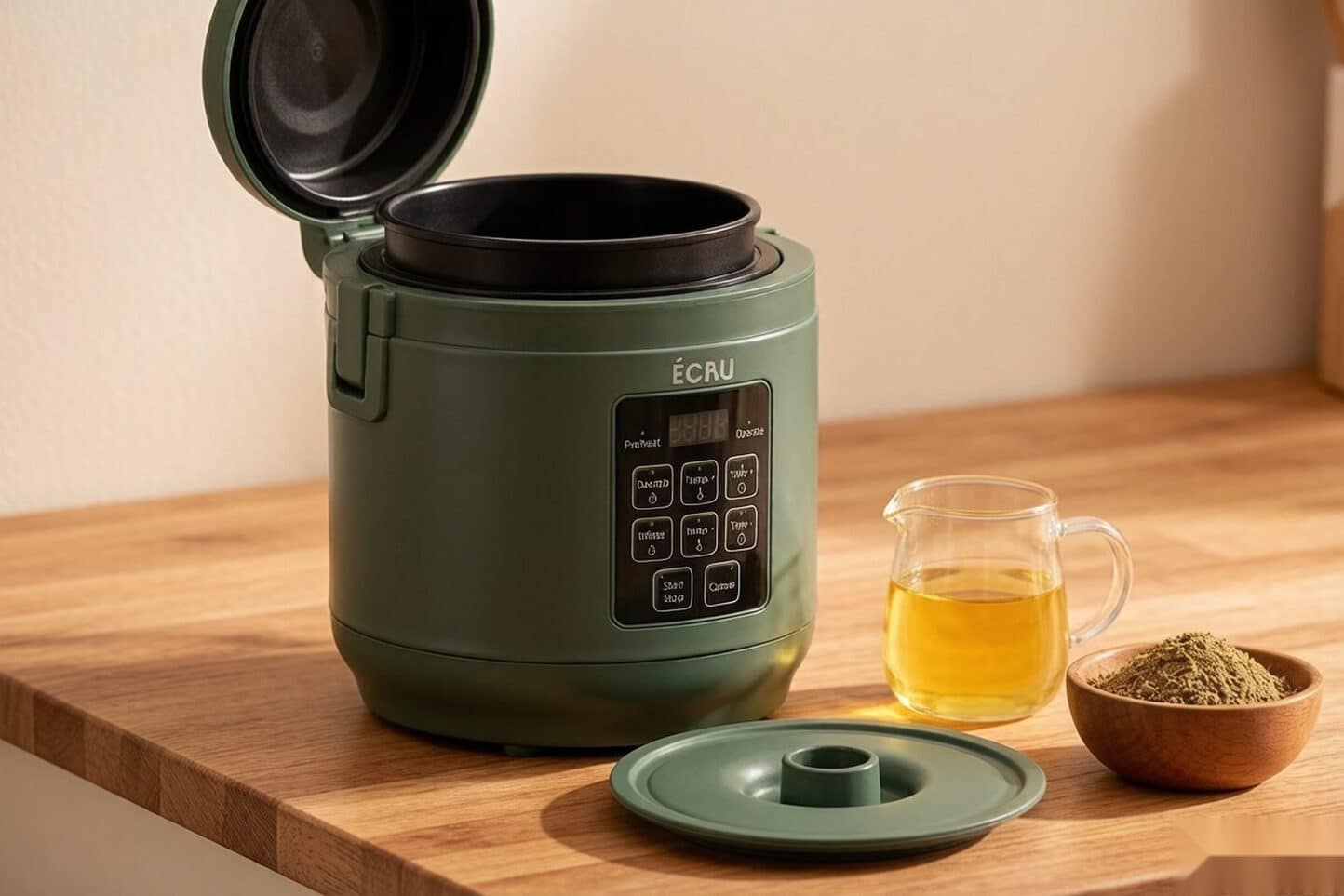 ÉCRU 2-in-1 decarboxylator and infuser with butter and ground flower nearby
