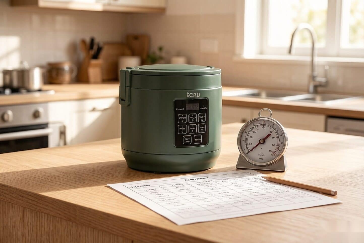 Decarb temperature chart printed beside a countertop decarboxylator and an oven thermometer