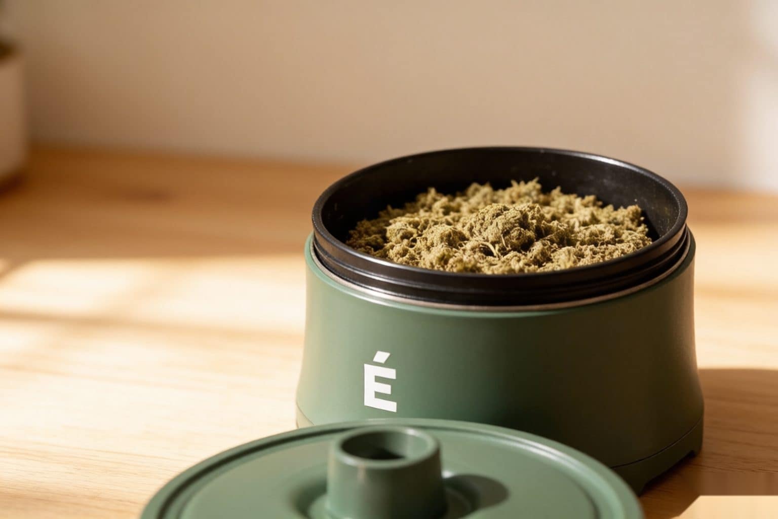 A countertop decarboxylator canister holding a thin layer of ground flower