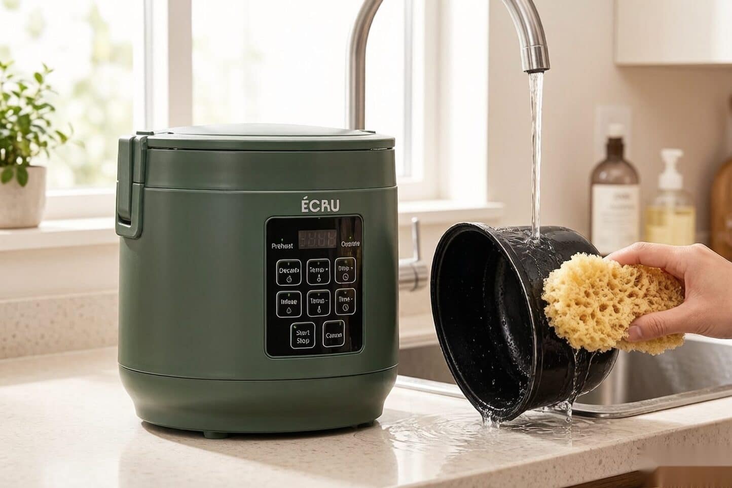 The removable non-stick canister of a countertop decarboxylator being rinsed