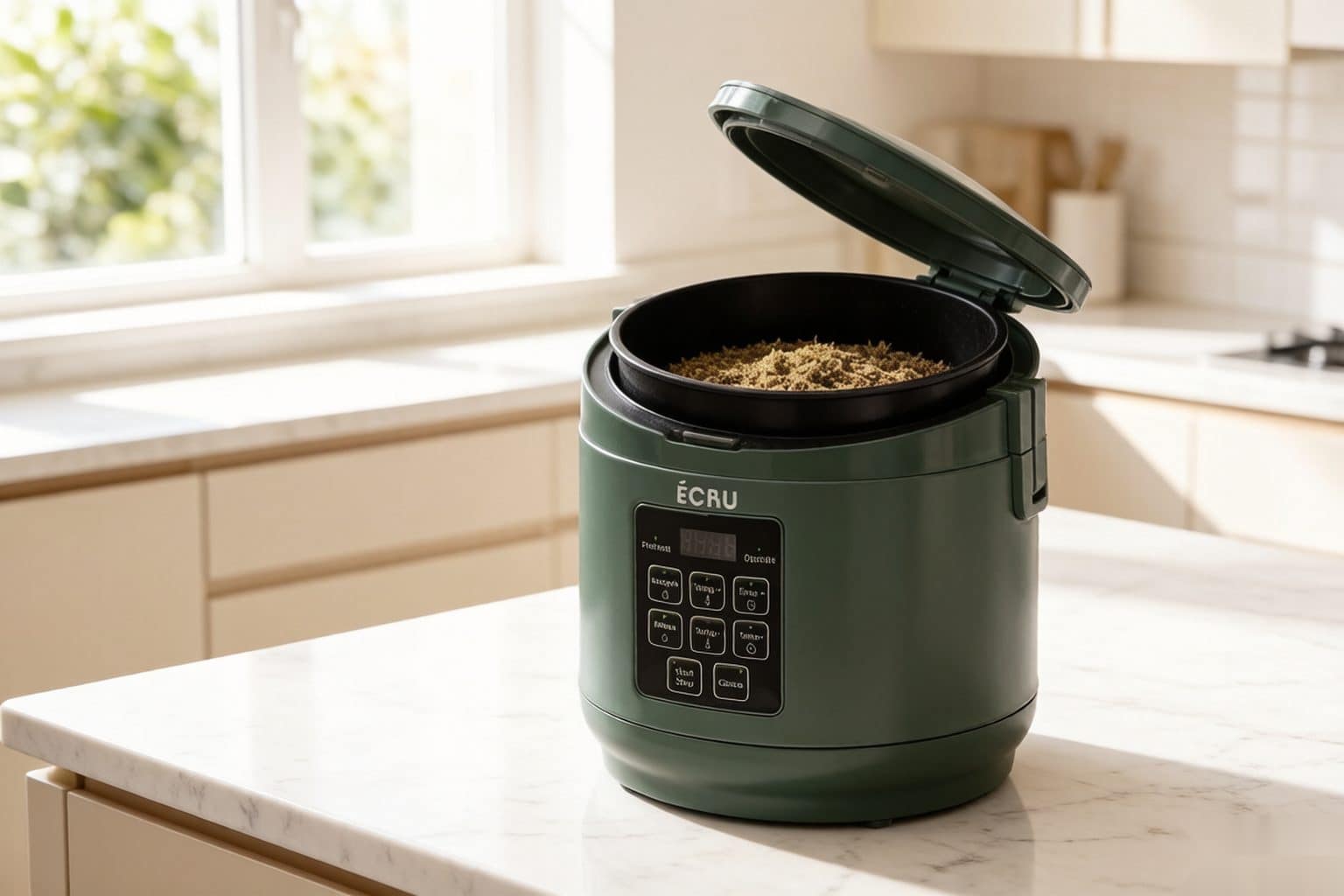 An ÉCRU 2-in-1 decarboxylator with its lid open and ground flower inside