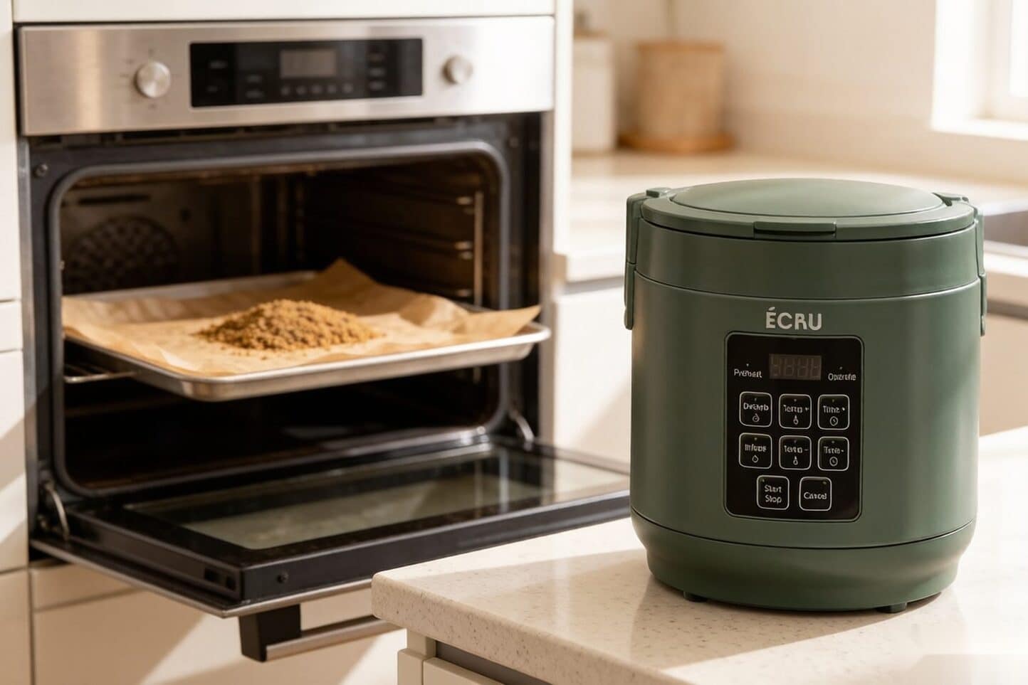 ÉCRU decarboxylator on a counter with an oven in the background