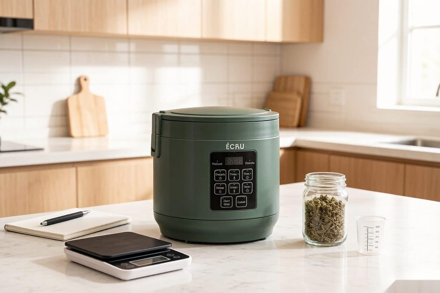 ÉCRU 2-in-1 decarboxylator and infuser on a counter with comparison props