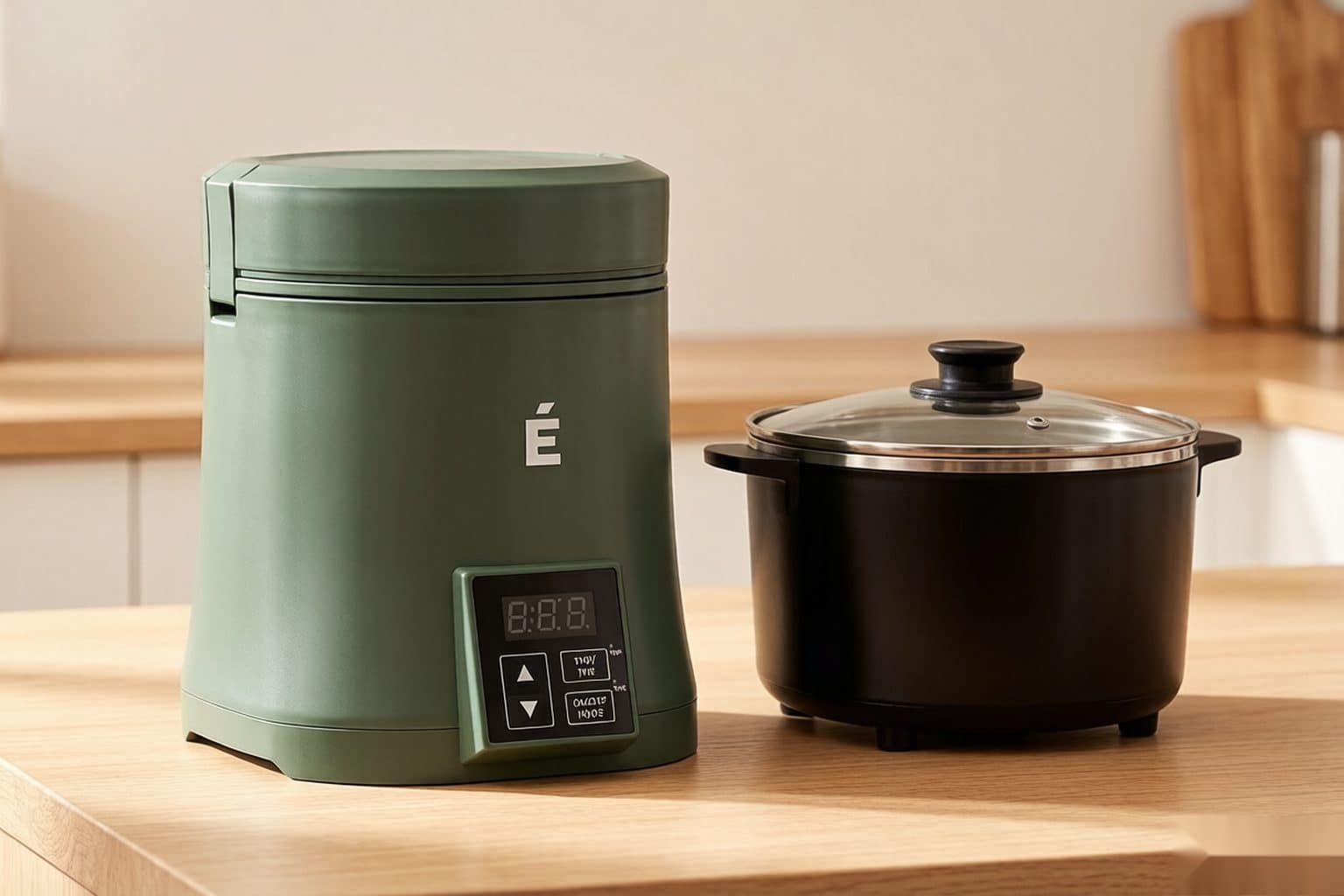ÉCRU Herb Decarboxylator Green 2oz beside a generic small countertop decarboxylator