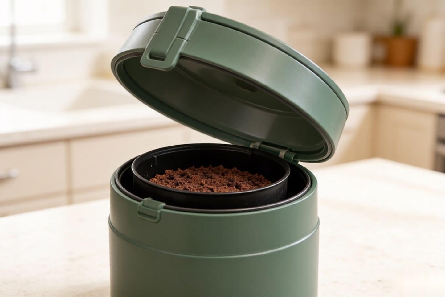 A countertop decarboxylator with its canister open and a thin layer of hash inside