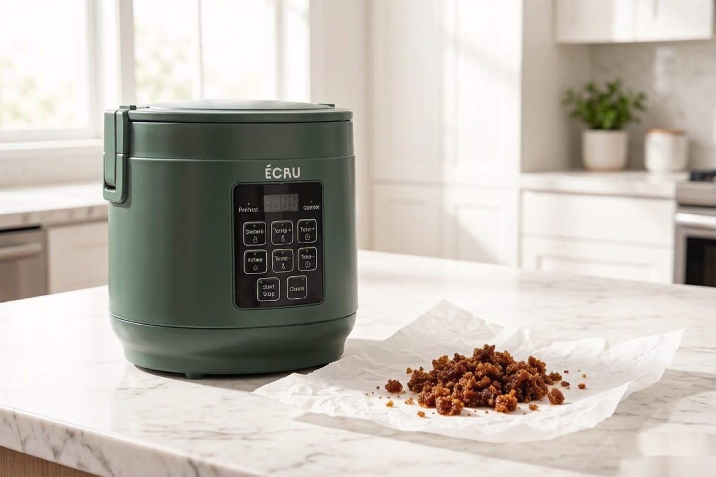 ÉCRU decarboxylator on a kitchen counter beside parchment with crumbled hash