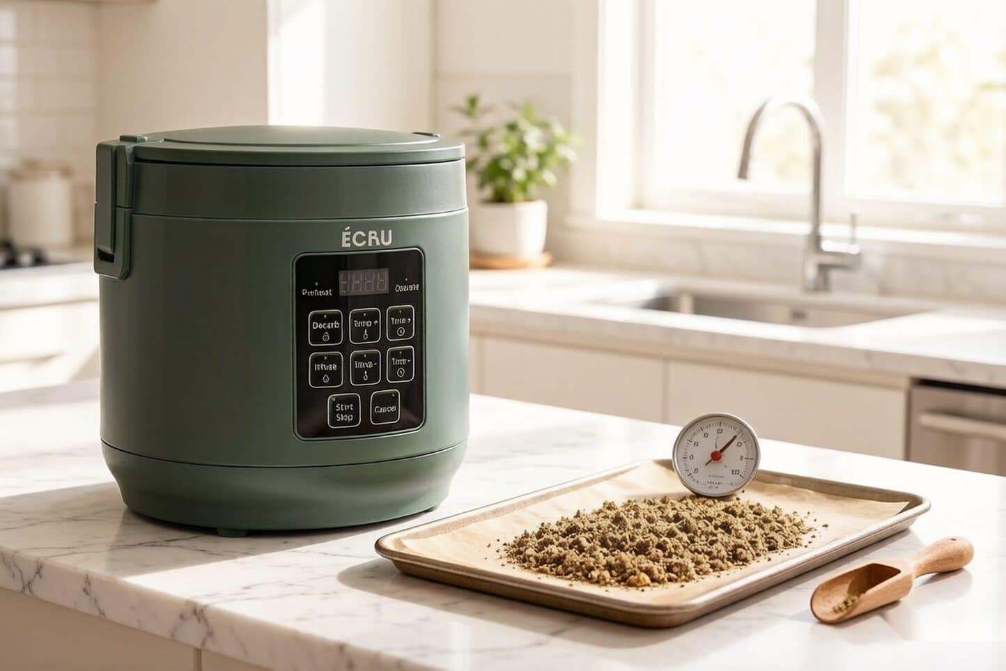 ÉCRU 2-in-1 decarboxylator on a kitchen counter beside parchment with ground flower