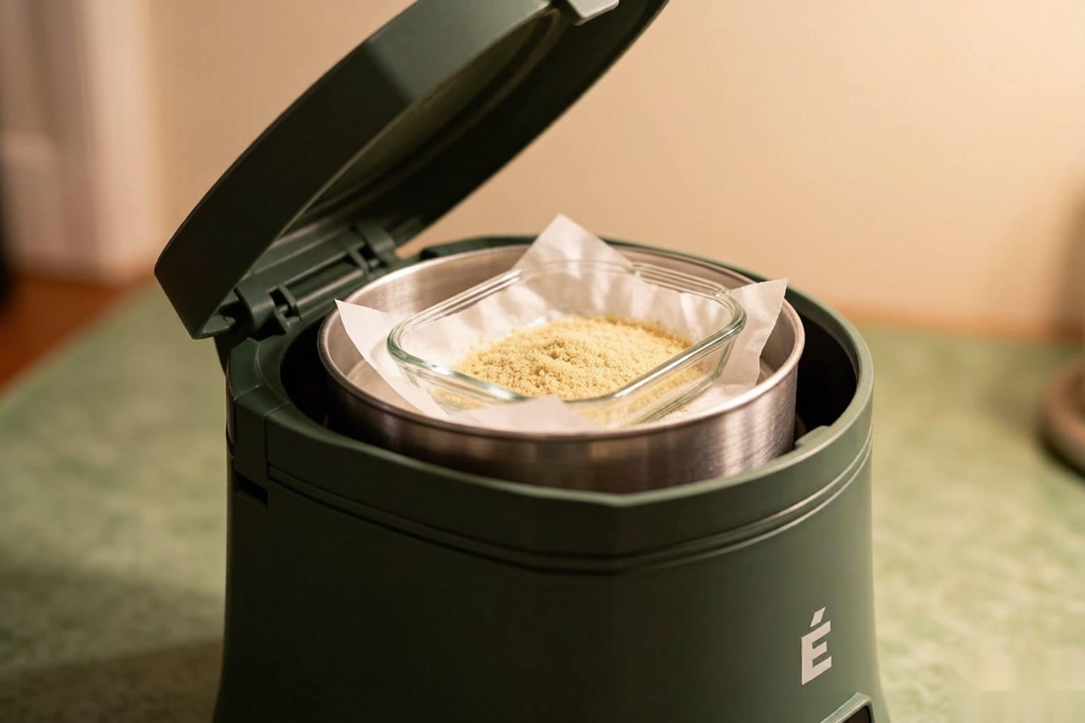Kief in a small oven-safe dish inside a countertop decarboxylator canister
