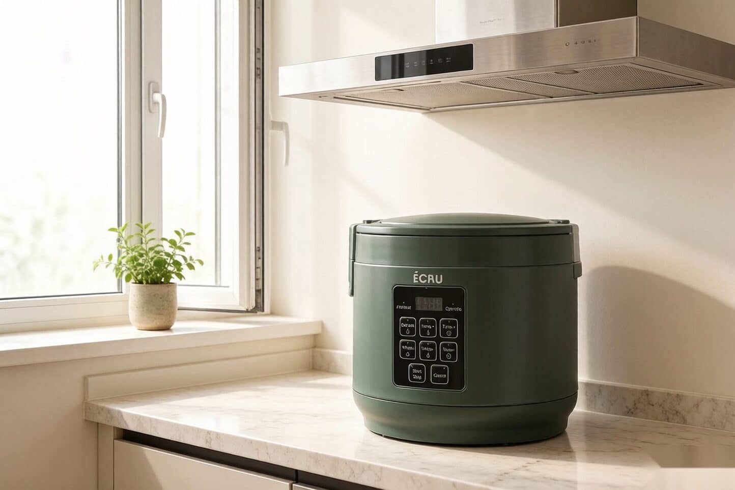 ÉCRU 2-in-1 decarboxylator sealed on a counter under a range hood near an open window