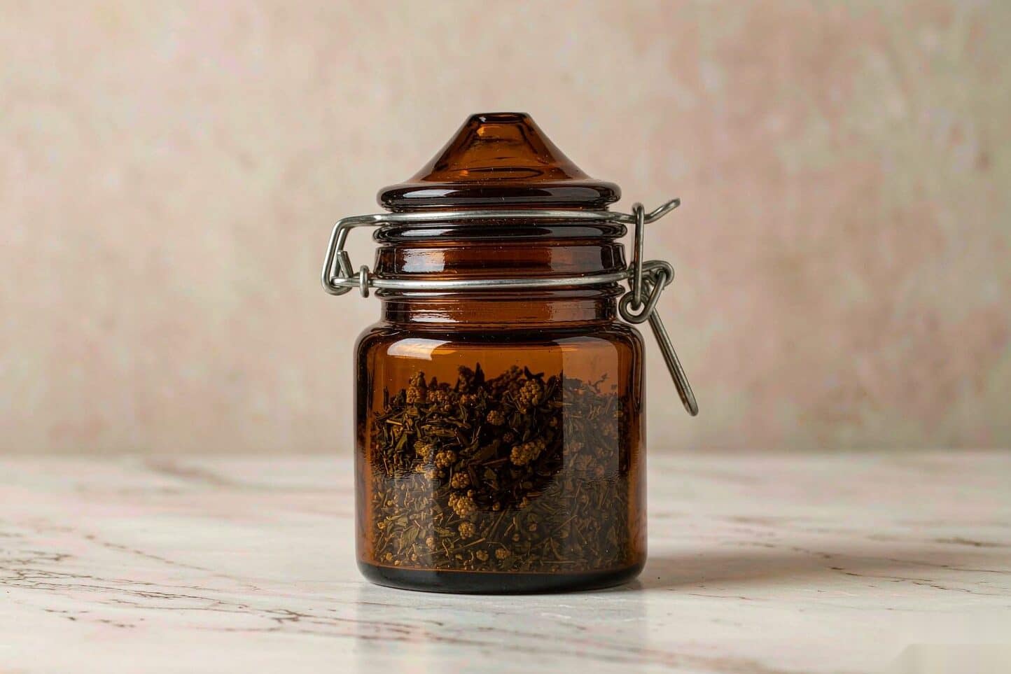 Amber glass jar with a sealed clamp lid holding decarbed flower