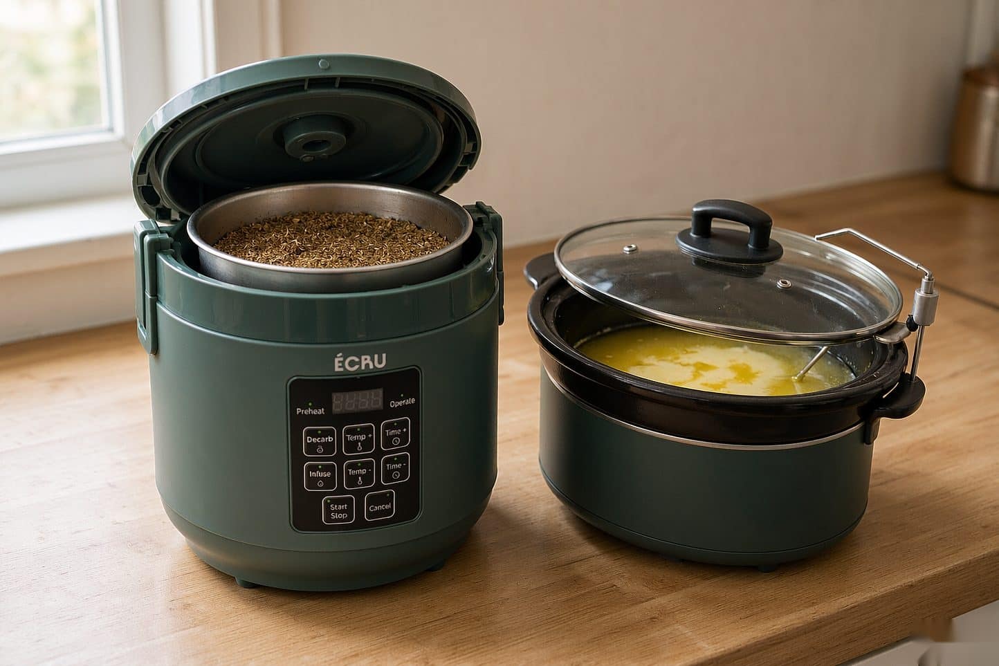 An ÉCRU decarboxylator canister loaded with ground flower beside a slow cooker