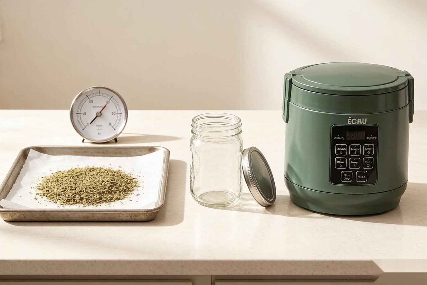 Oven tray, sealed jar, and countertop decarboxylator side by side