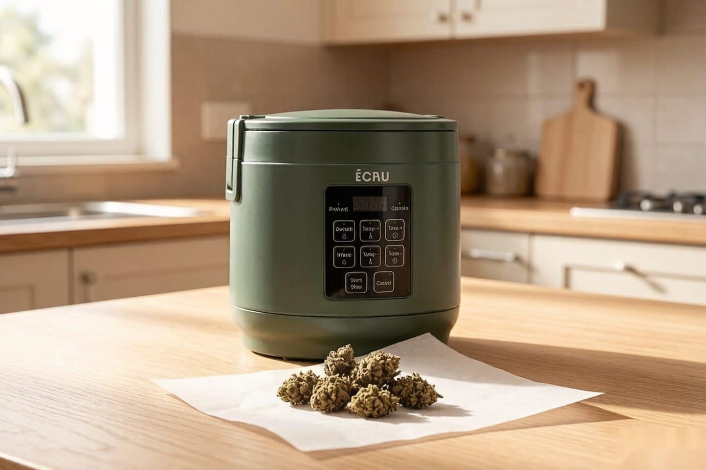 Dried cannabis flower next to a countertop decarboxylator on a kitchen counter